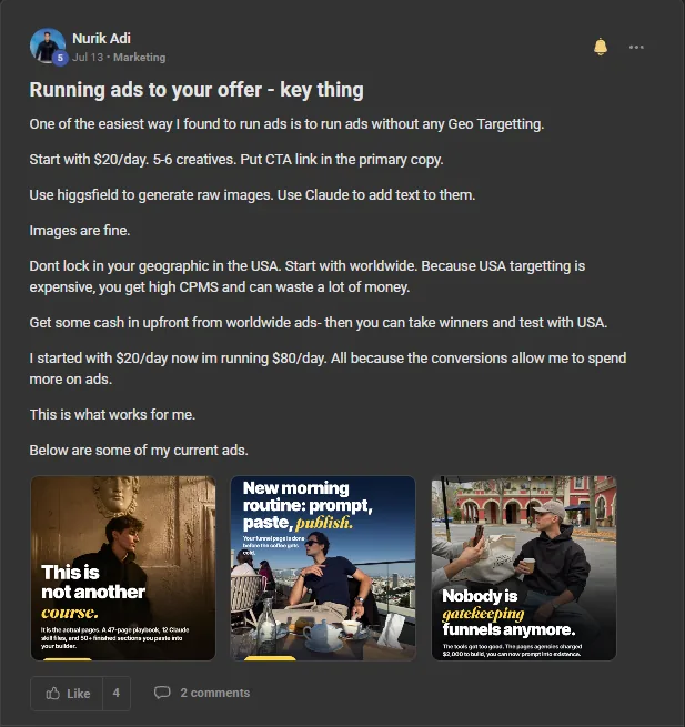 A marketing post inside the community about running ads, with three example ad creatives