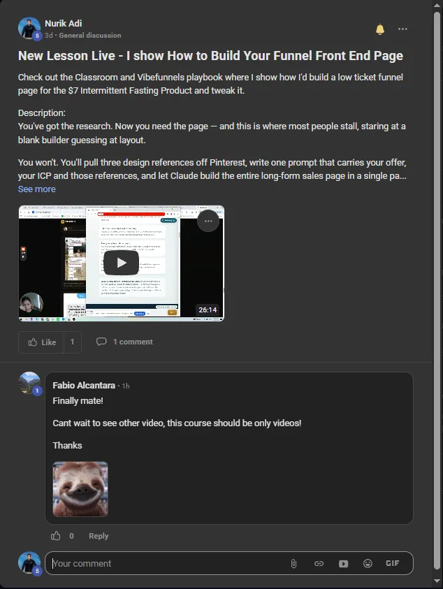 A build video posted inside the Skool community, with a member comment underneath