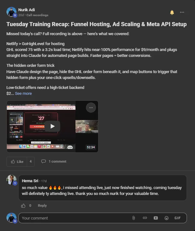 A recorded training session posted in the Call recordings category, with notes and a member comment